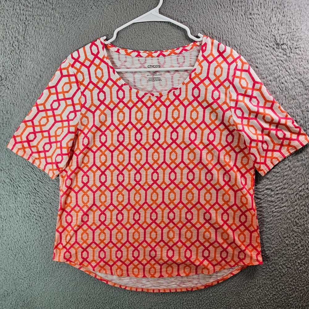 Chico's Ultimate Tee Top Size 2 Pink Orange Geometric Print Short Sleeve Ombre